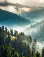 Piękny górski krajobraz  we mgle, dekoracja ścienna, tło, generative ai - obrazy, fototapety, plakaty