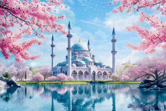 Beautiful spring landscape with blue mosque and cherry blossom trees.