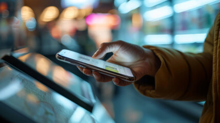 Person is using a smartphone to make a contactless payment at a POS (Point of Sale) terminal.