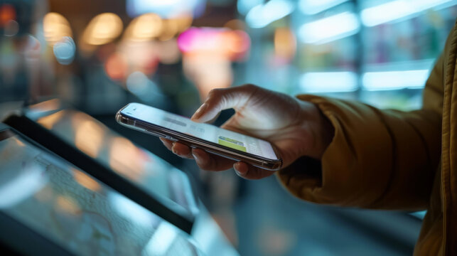 Person is using a smartphone to make a contactless payment at a POS (Point of Sale) terminal.