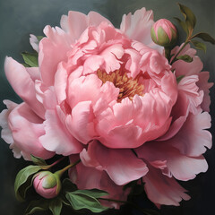 Oil painting, one peony cottagepunk style whimsical realism. Gorgeous large pink peony. Renaissance peony.