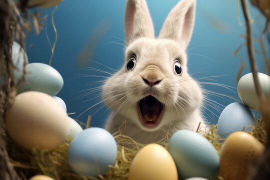 Funny easter bunny in basket with colorful eggs. Beautiful spring background. Greeting card background.