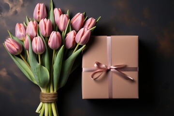 Fototapeta premium Heartwarming top-down exchange of gift and delicate tulips representing love and care.