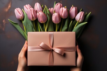 Top down view.  hands exchanging gift and tender tulips, emphasizing love and care.