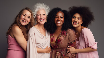 Obraz premium Four happy women of different races and ages pose together in the studio on a brown background. Multiethnic group of diverse women