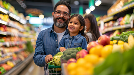 bearded man in a blue shirt and glasses is shopping in a grocery store with a young girl - obrazy, fototapety, plakaty