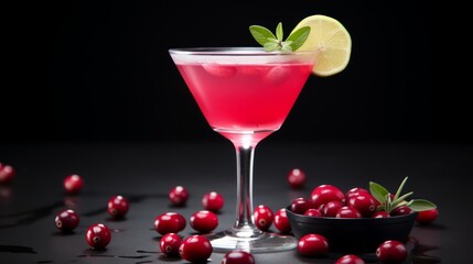 Fresh Cranberry Cocktail. Cocktail with Cranberry with Cranberries on black background. Minimalism. Food photography. Horizontal format