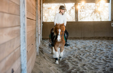 Pretty young girl and her pony on a horse farm - 721453962