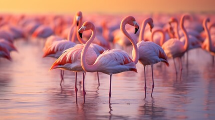 During summer, there is a large number of flamingos in the water.
