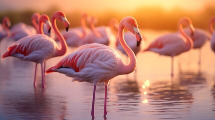 During summer, there is a large number of flamingos in the water.