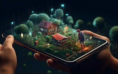3d illustration mockup in farm with modern technology agriculture on smart phone in hand