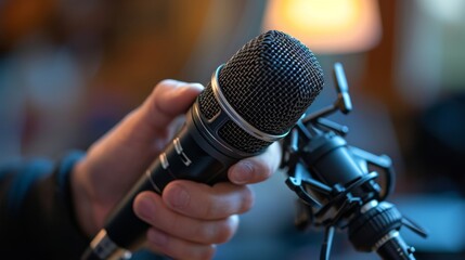close up hand holding micro phone podcast radio, setting microphone, preparing to speak, voice, technology, audio, musical, equipment, radio, mic, professional, record, black, media, entertainment
