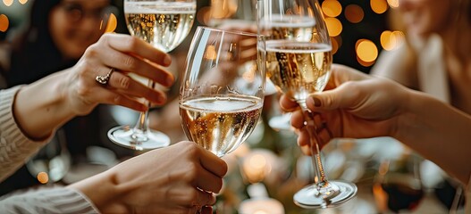 Hands raising glasses of champagne in celebration.