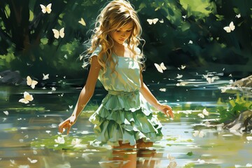 Stunning young woman embracing the serene beauty of a warm day in the refreshing river waters.