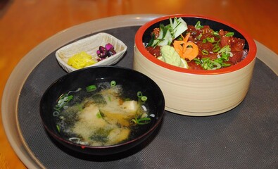 Japanese miso soup in a wooden bowl, Japanese food