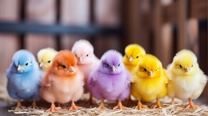 In asia, colorfully painted chicks are widely popular pets. they come in a range of colors such as purple, green, yellow, orange, blue, and red. - obrazy, fototapety, plakaty