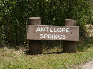 Wooden sign of Antelope Springs at Chickasaw National Recreation Area, Sulfur, Oklahoma.