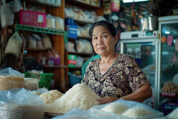 Calculating profit, Wholesale Thai rice owner at her rice shop for working everyday 