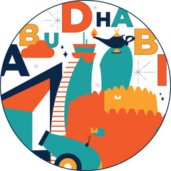 Typography word Abu Dhabi branding technology concept. Collection of flat vector web icons. Arabian culture travel set, architectures, specialties detailed silhouette. Doodle famous landmarks.