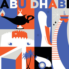 Typography word Abu Dhabi branding technology concept. Collection of flat vector web icons. Arabian culture travel set, architectures, specialties detailed silhouette. Doodle famous landmarks.