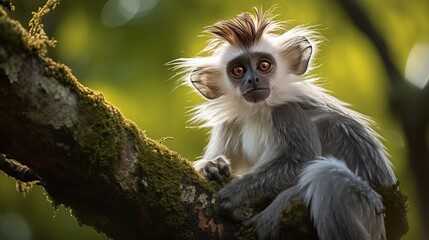 Fototapeta premium Photo of a red colobus piliocolobus tephrosceles sitting on a branch in zanzibar, tanzania.