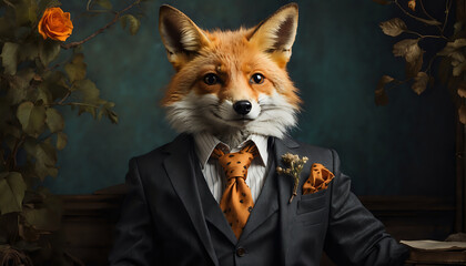 A mischievous fox donning a dark buisness suit. - obrazy, fototapety, plakaty