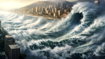 City engulfed by a menacing tsunami wave, leaving destruction and chaos. A battle between nature's force and humanity unfolds in this powerful image. - obrazy, fototapety, plakaty
