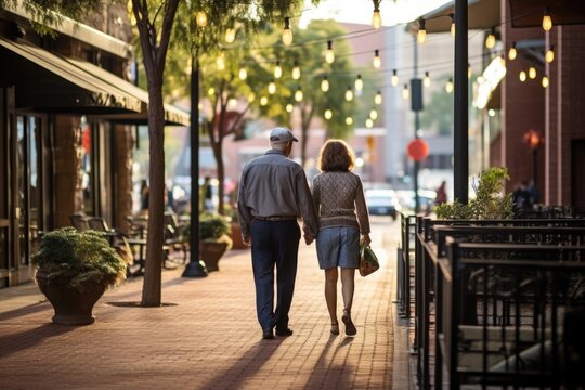Against the backdrop of the town's quaint charm, an endearing elderly couple takes a leisurely walk, their easy companionship and shared laughter painting a picture of lasting love.