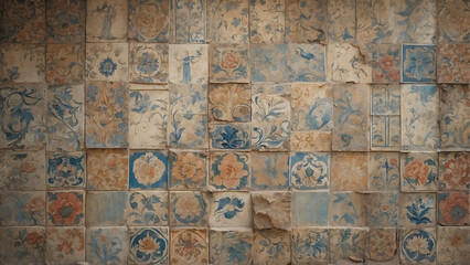 A wall covered in old decorated tiles.
