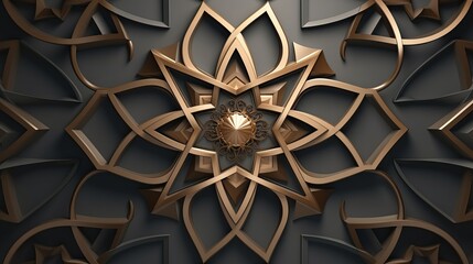 The background of an arabesque pattern is decorated with islamic ornament in geometric 3d shapes.