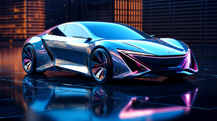 Futuristic Silver Concept Sports Car in Urban Landscape created with Generative AI technology