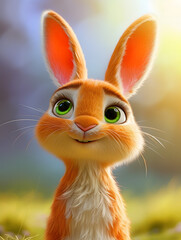 A lively domestic rabbit with piercing green eyes hops through a vibrant wildlife scene, its fluffy orange fur contrasting against the natural landscape