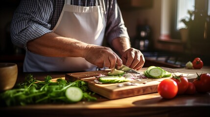 The middle of a man is using a cutting board to prepare food. - obrazy, fototapety, plakaty