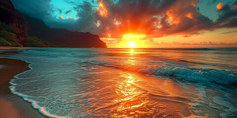 Fiery Sunset Over Pristine Beach Paradise created with Generative AI technology