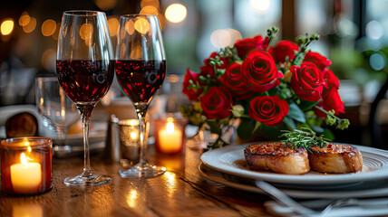 Naklejka na ściany i meble Elegant Valentine's Day Dinner for Two: Romantic Candlelit Evening with Roses, Wine, and Sweet Delicacies - Ai Generated