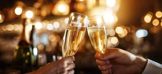 Foto op Plexiglas Champagne glasses held aloft in hands, marking a moment of celebration. © Murda