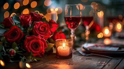 Elegant Valentine's Day Dinner for Two: Romantic Candlelit Evening with Roses, Wine, and Sweet Delicacies - Ai Generated