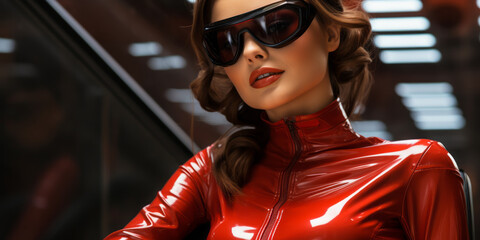 Futuristic female in red with glossy latex fashion and striking makeup, embodying avant-garde style and bold femininity - obrazy, fototapety, plakaty