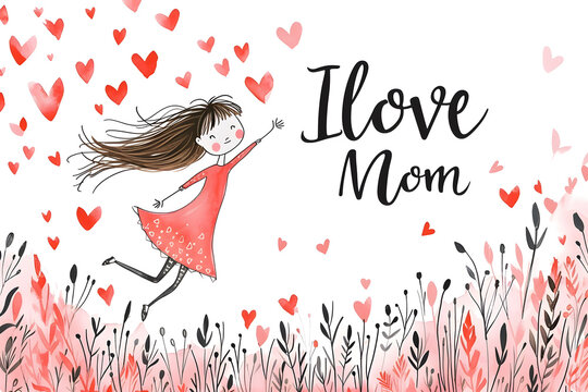 Mother's day greeting card cartoon. Girl and flying pink paper hearts on white background with text "I love Mom"