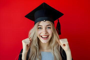 Happy and excited portrait of young student girl in hat of graduation on background.