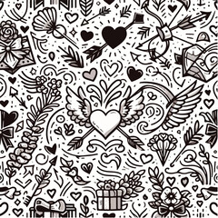 Experience the sheer elegance of a black and white doodle Valentine's Day pattern, a visual symphony of romance and artistic brilliance.