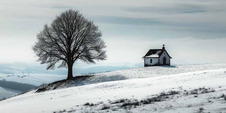 Monochrome Landscape with a Lone Tree and a Small Chapel on a Snowy Hill, Depicting Solitude and Tranquility