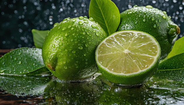 Cytrusy, owoce Limonki w kroplach wody. Generative AI