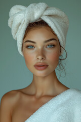 Girl with a white towel wrapped around her head against neutral background. Image for a facial spa or wellness center, skincare brand. Banner with copy space.