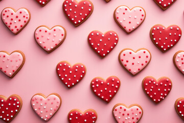 Red and Pink Heart Cookies on Pastel Background