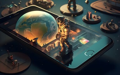 Astronaut and Earth on mobile phone screen 3d model cartoon illustration