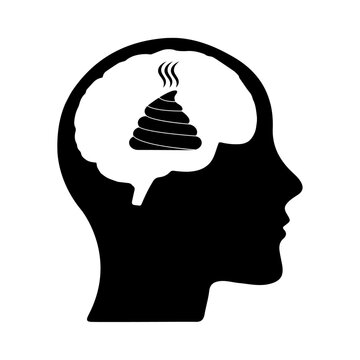 Shit in head icon. Brainwashing symbol isolated on white background. Empty head. Vector illustration of steaming poop inside head. Brainless.
