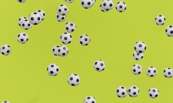 Football balls are falling on a green background. 3d rendering