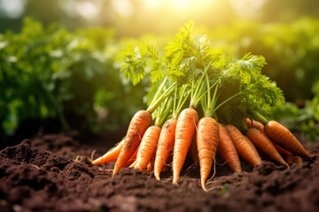 . A bountiful harvest of vibrant orange carrots freshly plucked from the earth, bathed in the warm light of the setting sun.