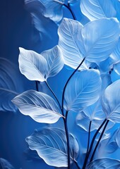 Blue abstract background with outlines of leaves. Generative AI.
